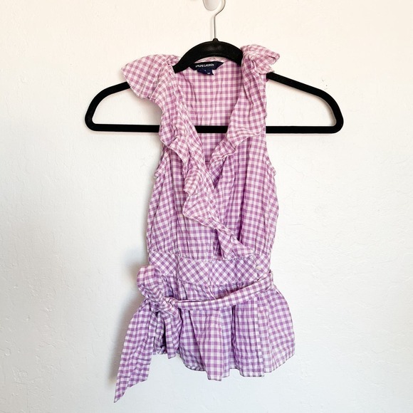 Ralph Lauren Gingham Checkered Ruffle Sleeveless Wrap Top Girls 10 Purple - Picture 1 of 4